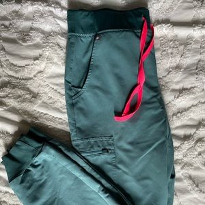 Figs Womens Jogger Scrub Pant - Small - Carribean Blue with Pink Ties